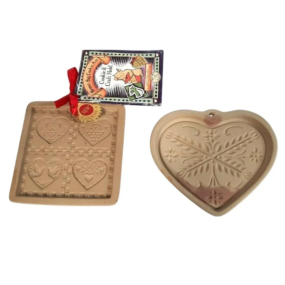 Vintage Brown Bag Cookie Art & Pampered Chef Stoneware Heart Cookie Mold Set